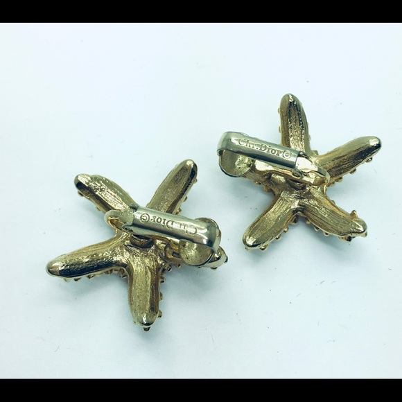 Vintage signed Christian Dior crystal starfish screw back earrings goldtone - Picture 4 of 6